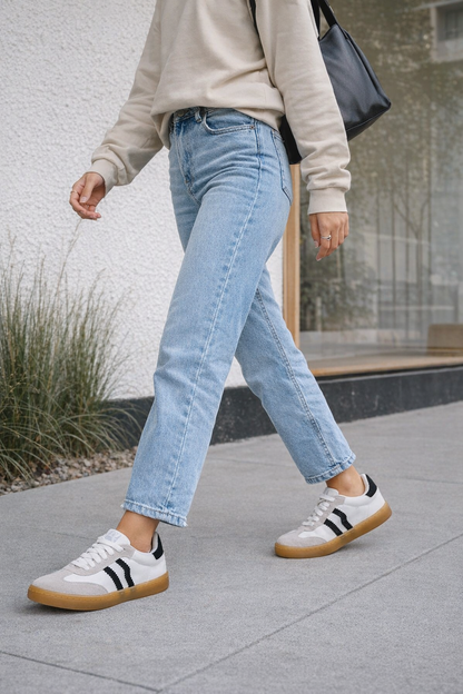 Tênis Santa Lolla Branco Couro e Camurça Sola Caramelo