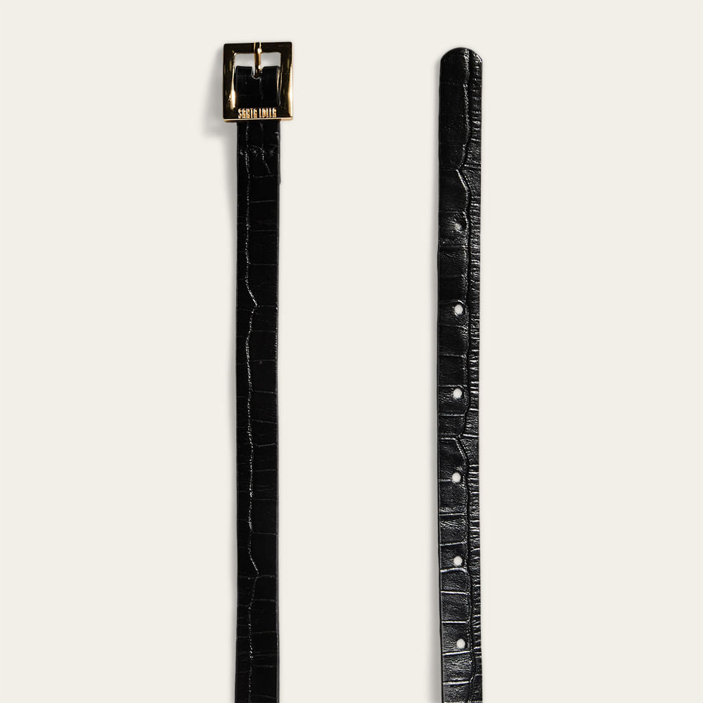 Cinto Santa Lolla Preto Couro Croco Fivela Dourada