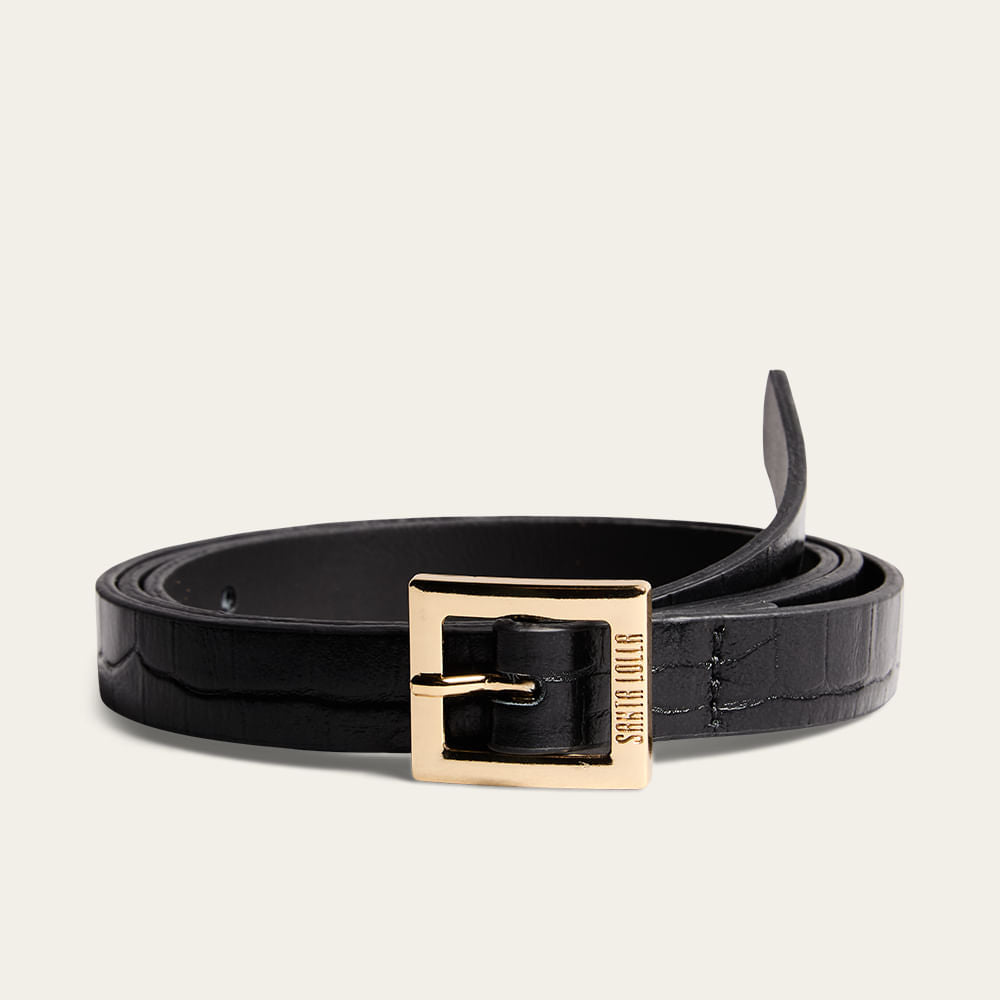 Cinto Santa Lolla Preto Couro Croco Fivela Dourada