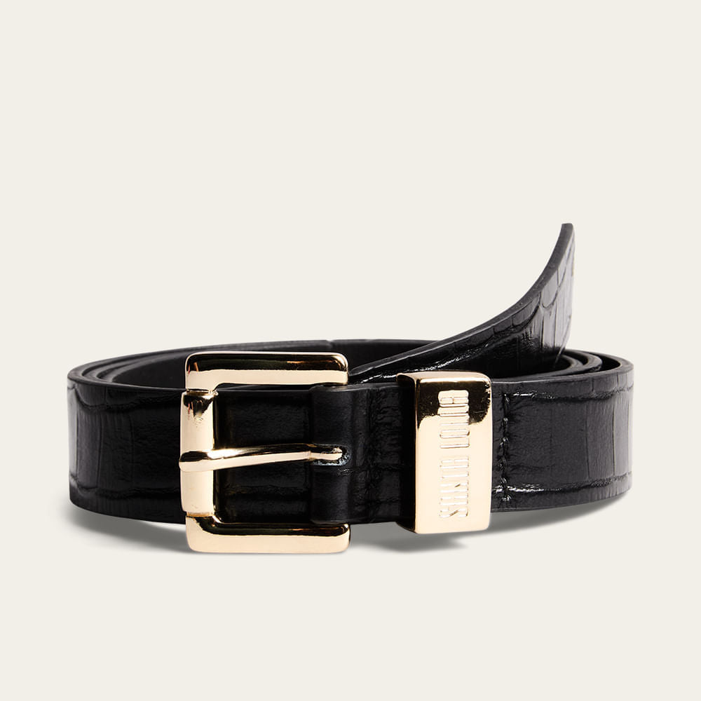 Cinto Santa Lolla Preto Couro Croco Fivela Dourada
