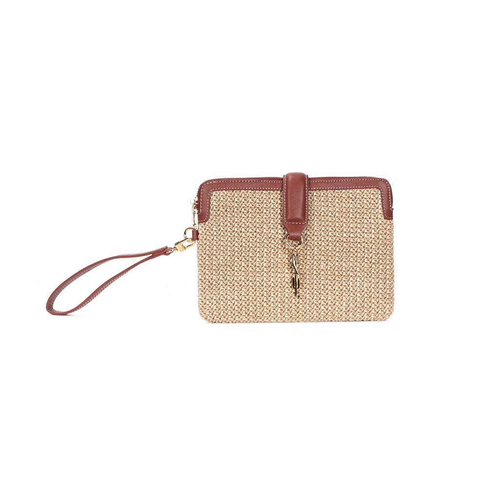 Clutch Santa Lolla Bege E Marrom Tramada Alça De Mão