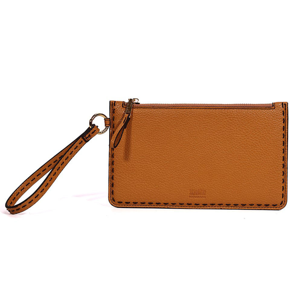 Clutch Santa Lolla Caramelo Pespontos Alça De Mão