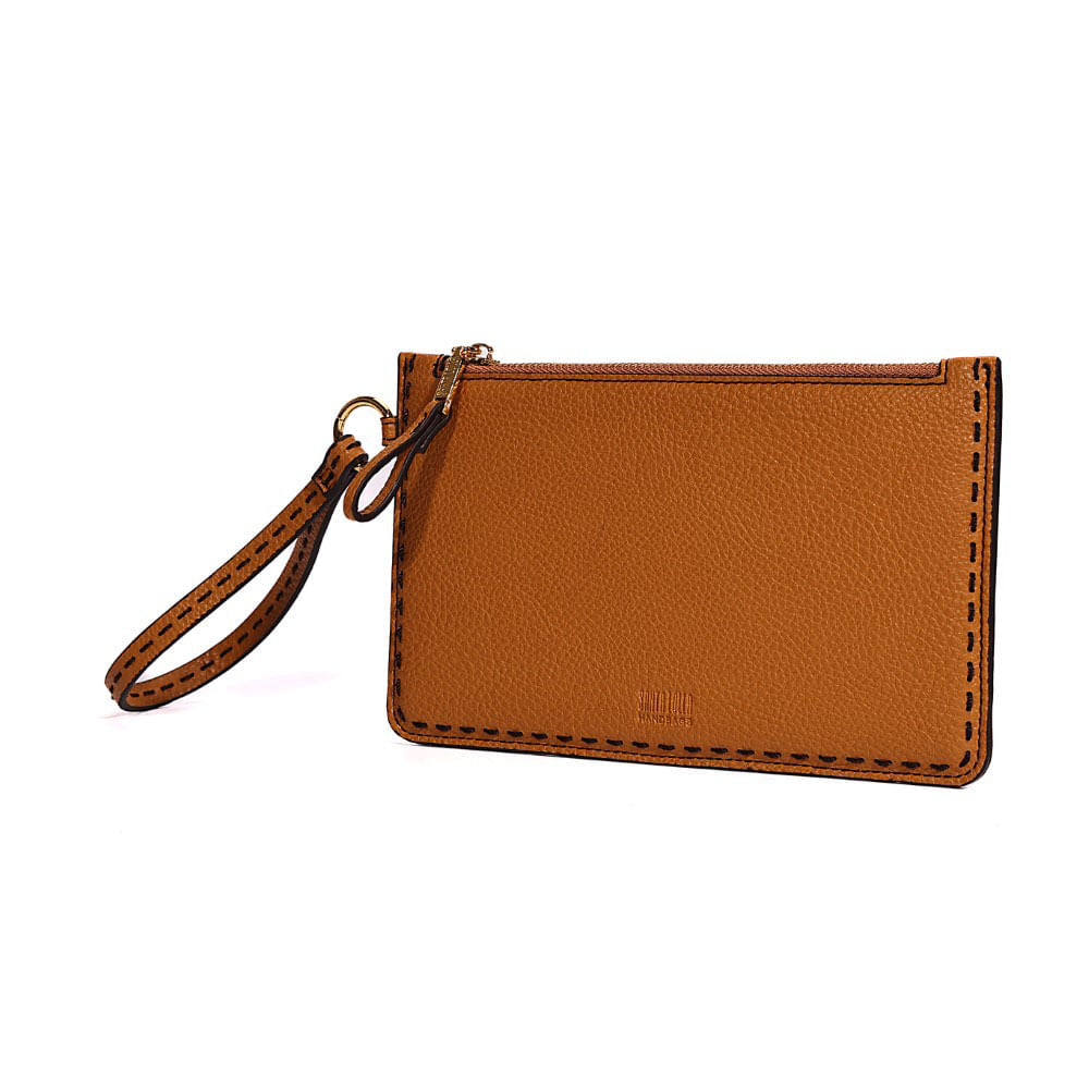 Clutch Santa Lolla Caramelo Pespontos Alça De Mão