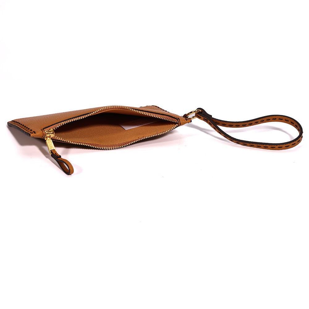 Clutch Santa Lolla Caramelo Pespontos Alça De Mão