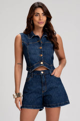 Colete Jeans Frysaide Azul Escuro Botões Dourados