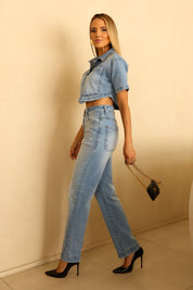 Cropped Jeans Com Bolso Grande Jeans Frysaide