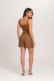 Cropped De Linho Com Alças Largas Marrom Frysaide