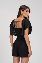 Cropped De Linho Preto Com Babado Na Manga Frysaide