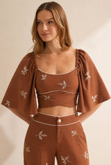 Cropped Flo Maria Marrom Linho Bordado