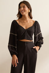 Cropped Flo Maria Preto Manga Bufante