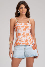 Cropped Frysaide Branco Floral Alças Com Elos
