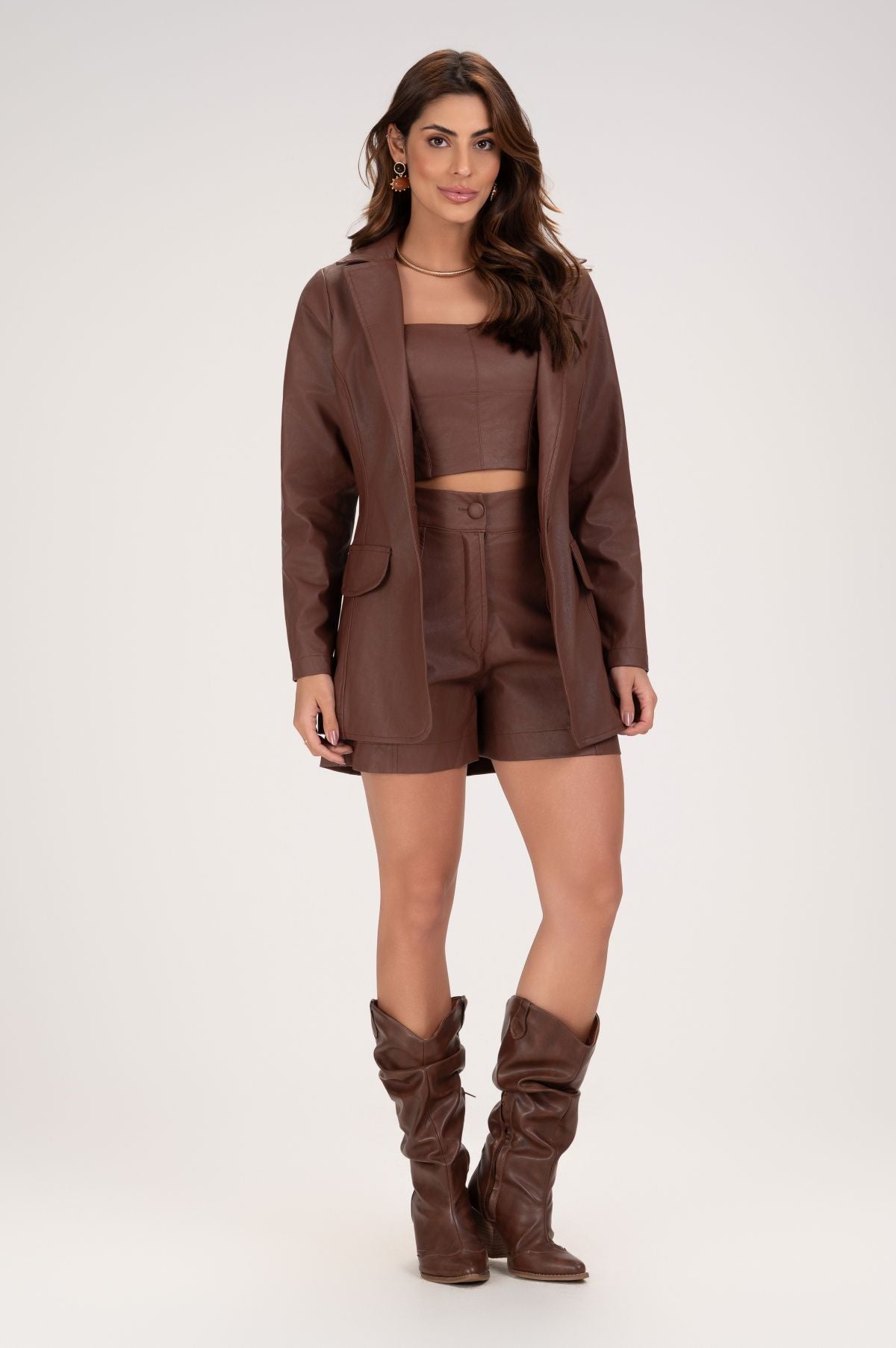 Cropped Frysaide Marrom Couro Decote Reto