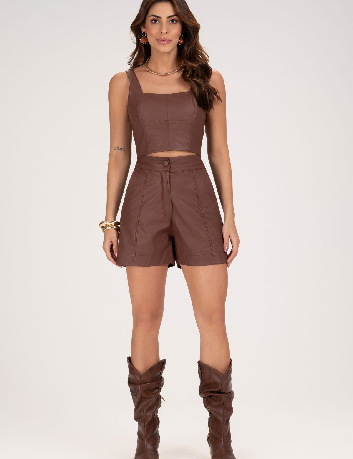 Cropped Frysaide Marrom Couro Decote Reto