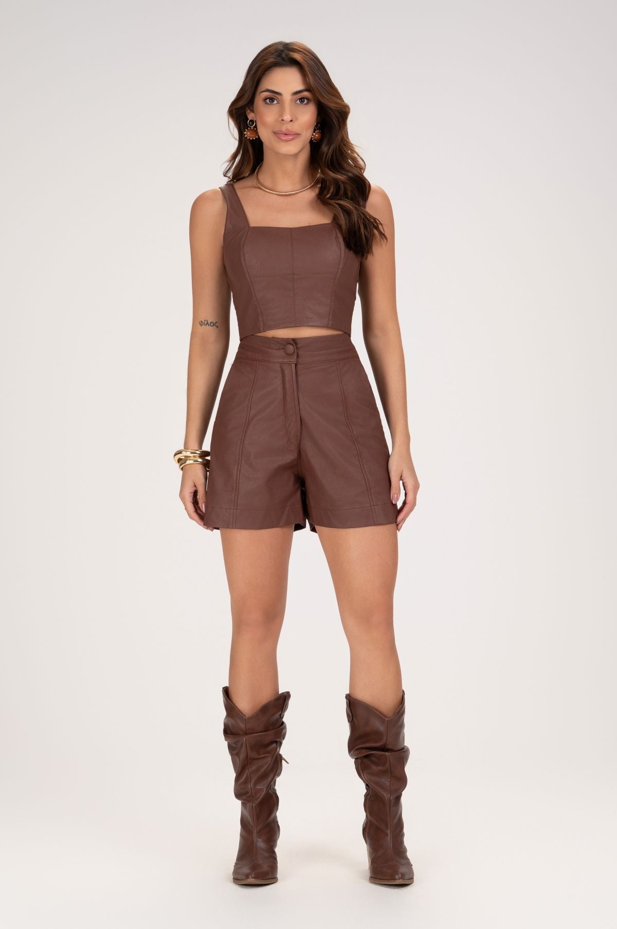 Cropped Frysaide Marrom Couro Decote Reto