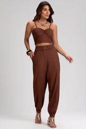 Cropped Frysaide Marrom Linho Decote Franzido