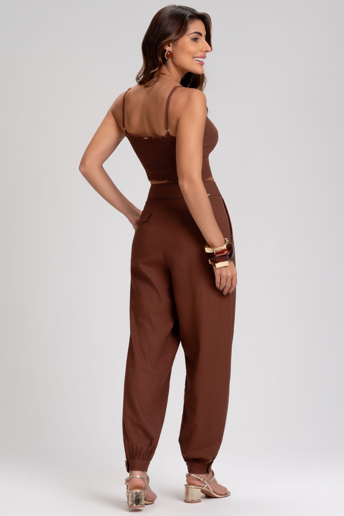 Cropped Frysaide Marrom Linho Decote Franzido