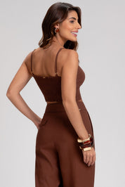 Cropped Frysaide Marrom Linho Decote Franzido