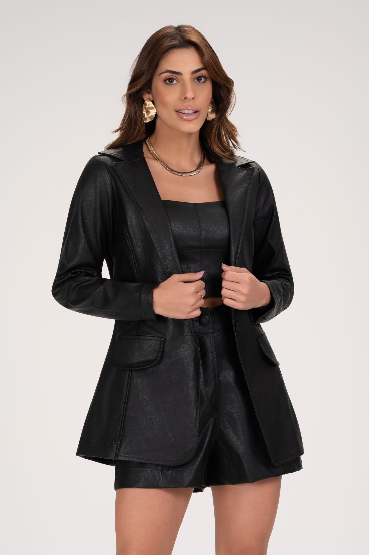 Cropped Frysaide Preto Couro Tomara Que Caia