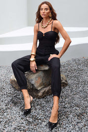 Cropped Frysaide Preto Em Linho Decote Franzido