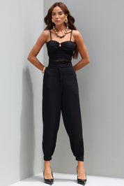 Cropped Frysaide Preto Em Linho Decote Franzido