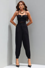Cropped Frysaide Preto Em Linho Decote Franzido