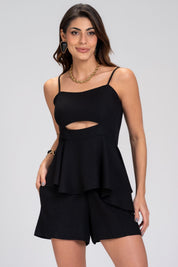 Cropped Frysaide Preto Linho Peplum Assimétrico