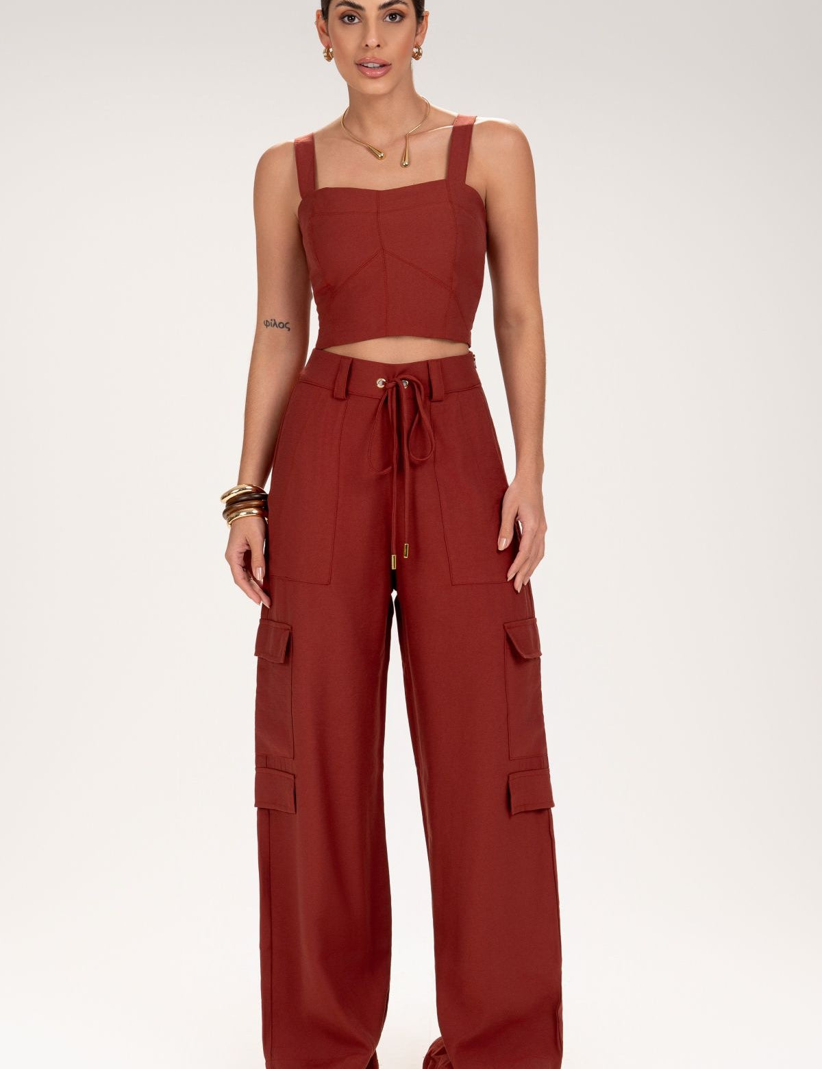Cropped Frysaide Terracota Alças Largas Lastex