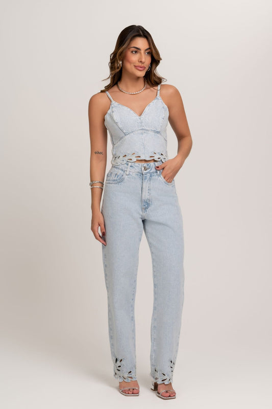 Cropped Jeans Com Bordado Frysaide