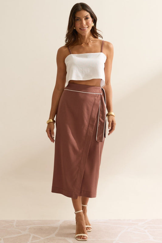 Cropped Linho Flo Maria Off White Alças Marrom