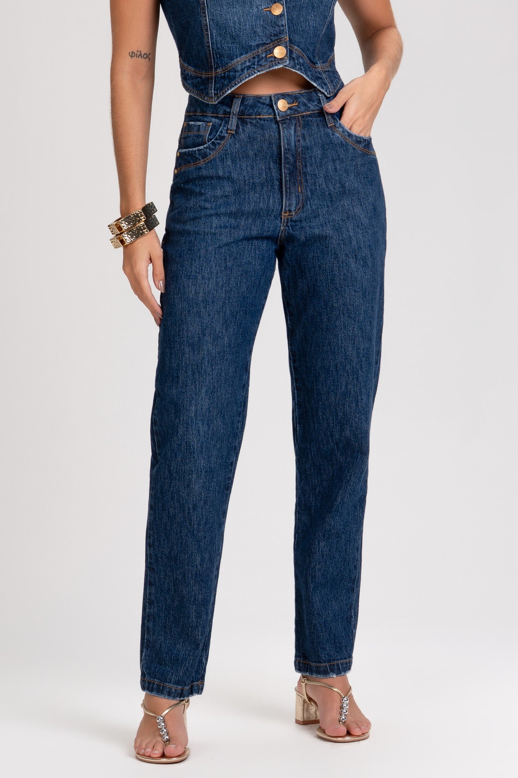 Calça Jeans Mom Frysaide Azul Escuro Cintura Alta
