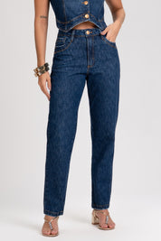 Calça Jeans Mom Frysaide Azul Escuro Cintura Alta