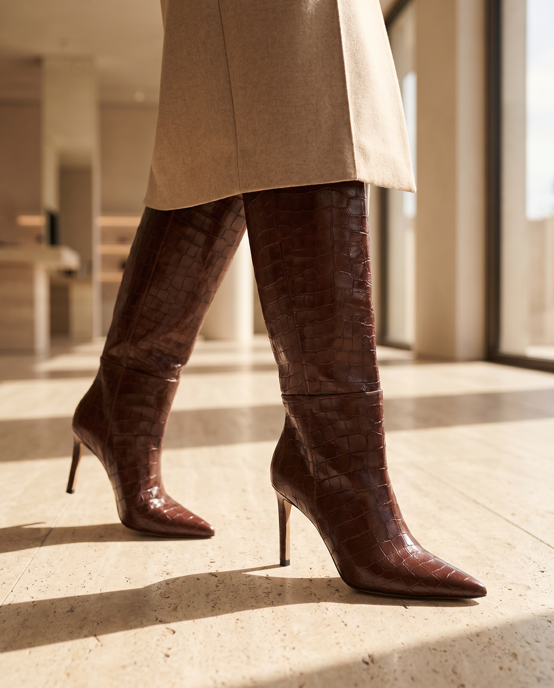 Generated_with_Kive.ai_-_Luxury_footwear_campaign_photography__female_model_walking_confidently__wearing_dark_brown_crocodile_embossed_knee-high_boots_with_stiletto_heels__camera_fram.png