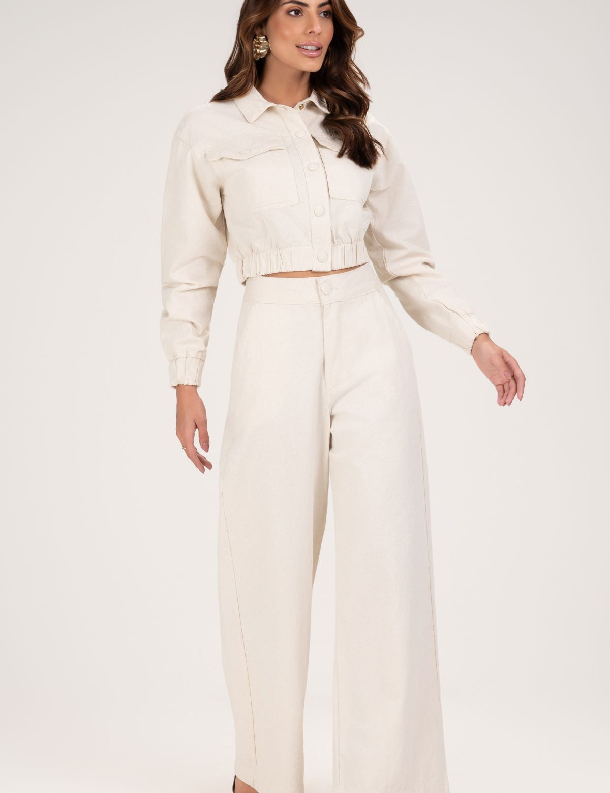 Jaqueta Frysaide Off White Cropped Sarja Com Botões