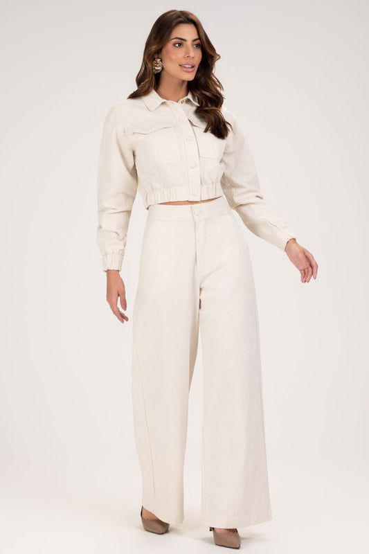 Jaqueta Frysaide Off White Cropped Sarja Com Botões