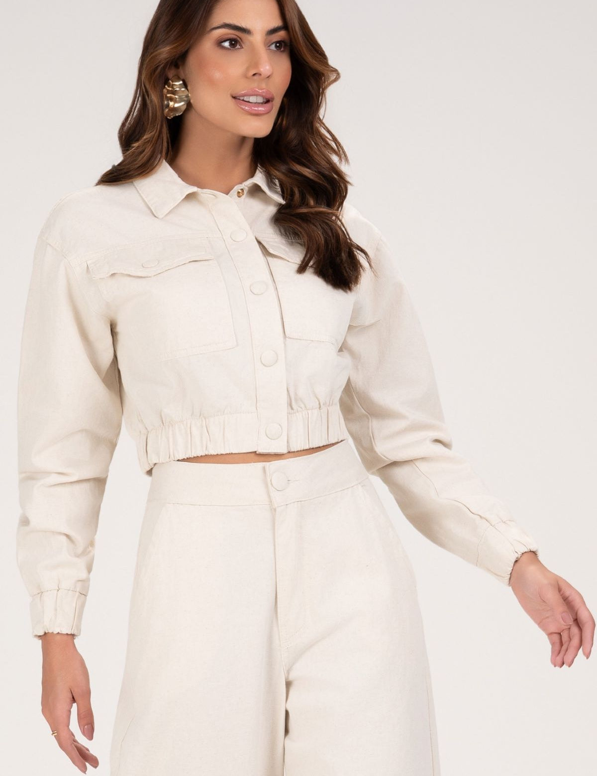 Jaqueta Frysaide Off White Cropped Sarja Com Botões