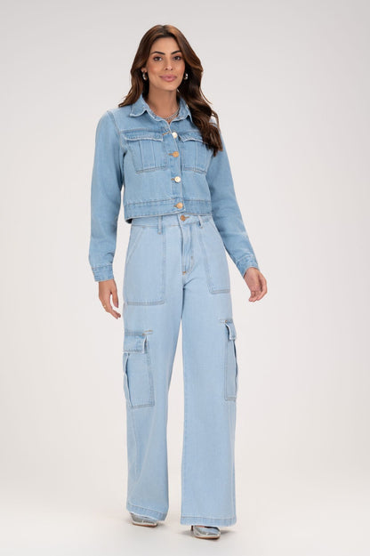 Jaqueta Jeans Frysaide Azul Clara Botões Metálicos
