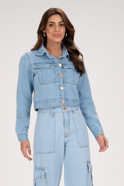 Jaqueta Jeans Frysaide Azul Clara Botões Metálicos