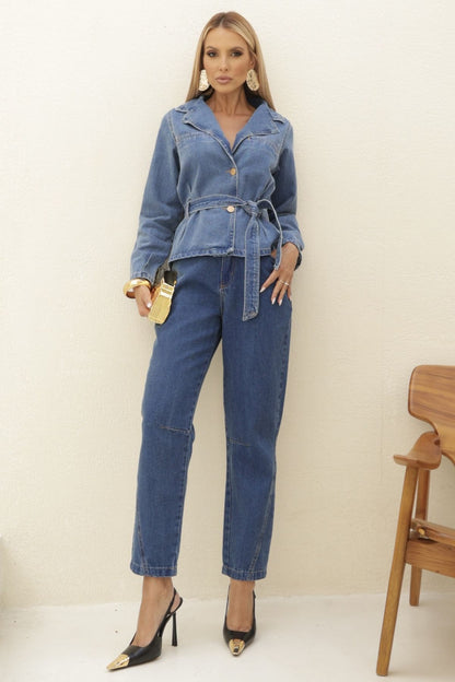 Jaqueta Jeans Frysaide Azul Com Faixa Na Cintura