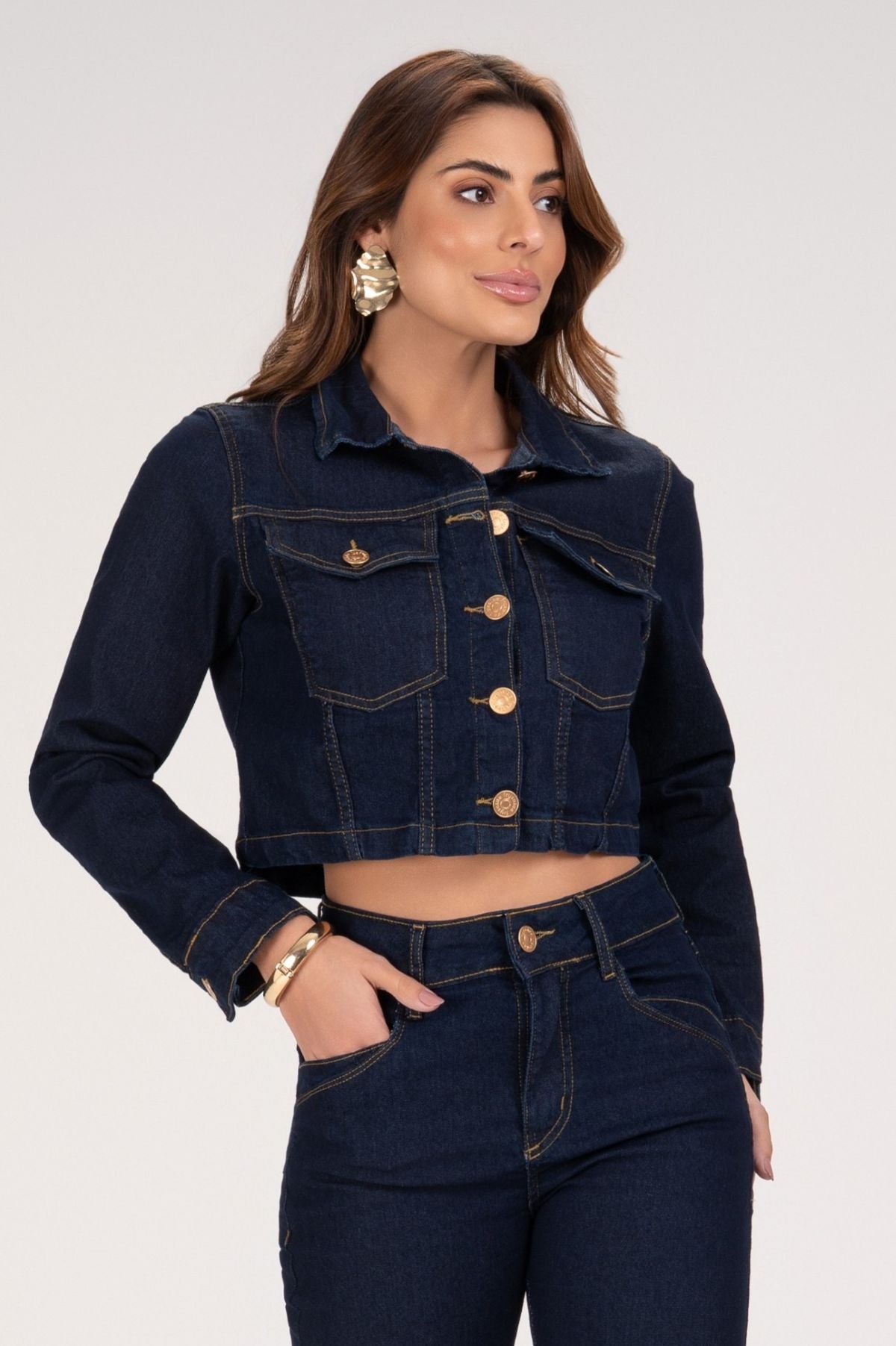 Jaqueta Jeans Frysaide Azul Escuro Botões Dourados