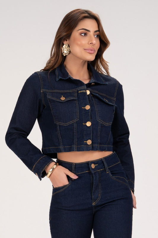 Jaqueta Jeans Frysaide Azul Escuro Botões Dourados