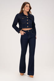 Jaqueta Jeans Frysaide Azul Escuro Botões Dourados