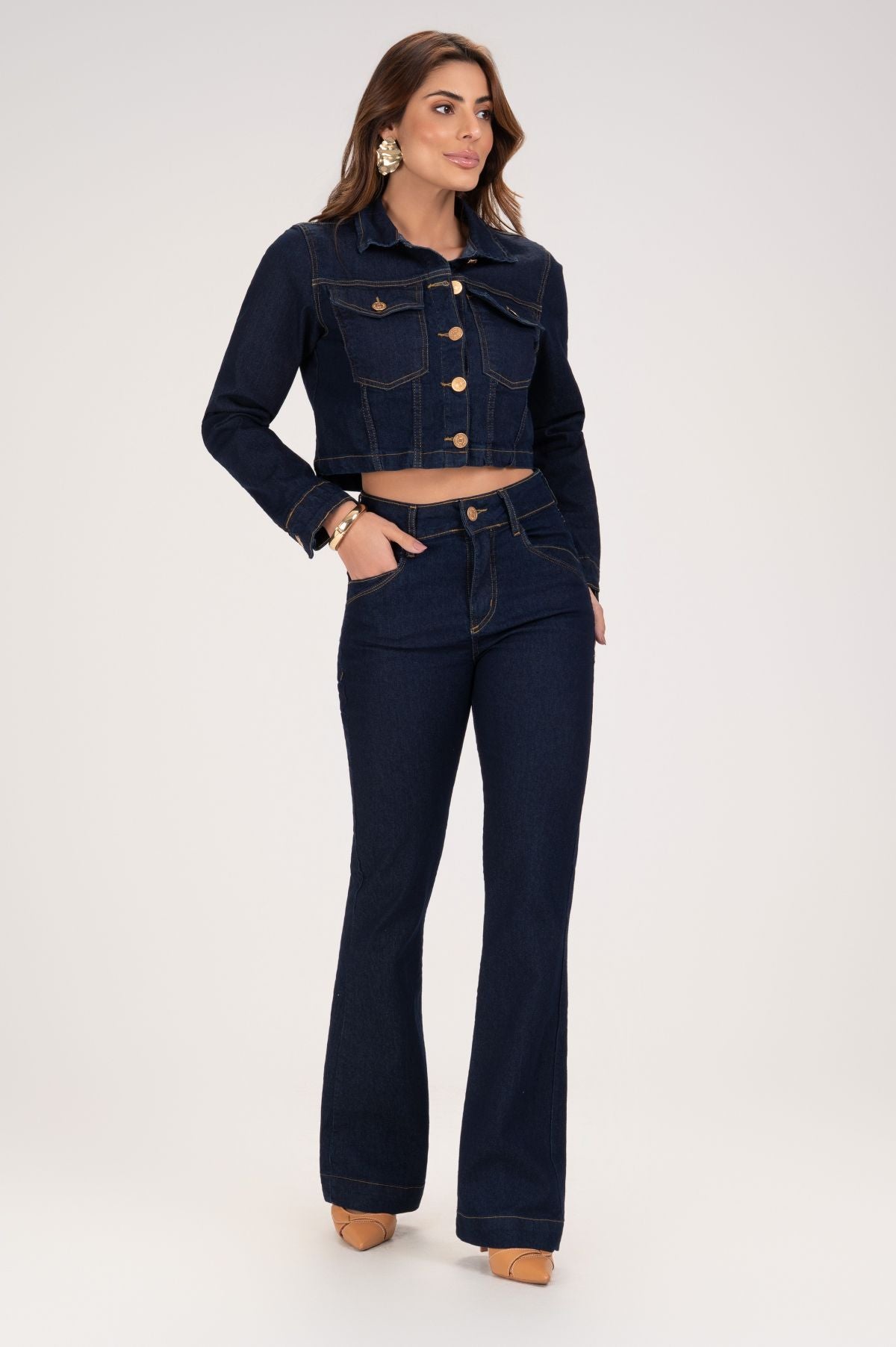 Jaqueta Jeans Frysaide Azul Escuro Botões Dourados