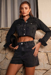 Jaqueta Jeans Frysaide Preta Cropped Barra Desfiada