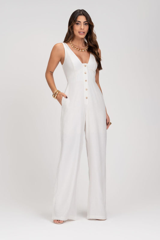 Macacão Alfaiataria Off White Com Decote Frysaide