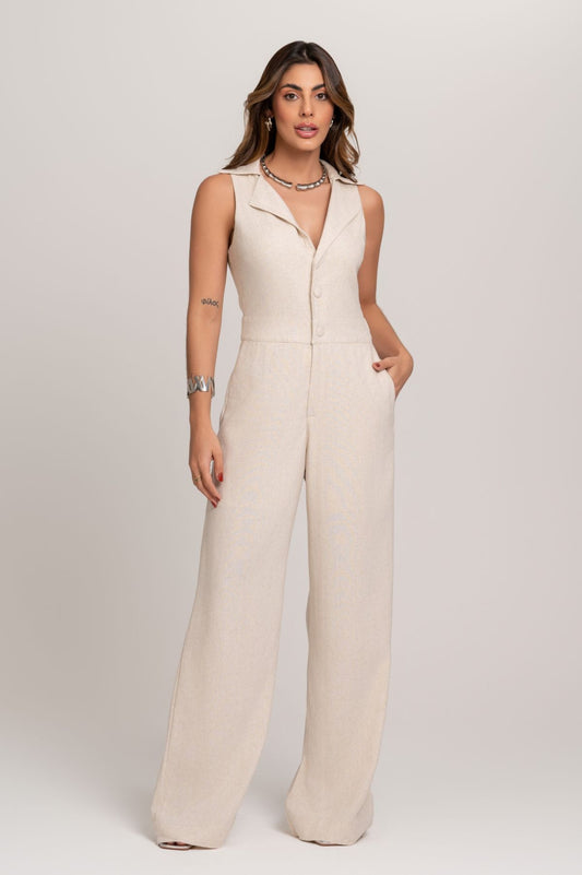 Macacão Bege De Linho Frente Única Frysaide 