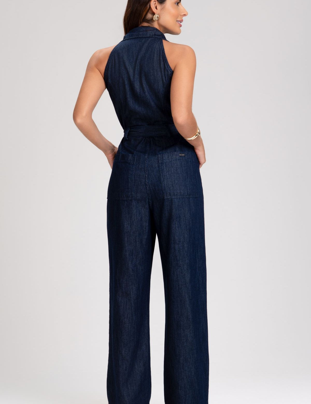 Macacão Jeans Frysaide Azul Wide Leg Com Faixa