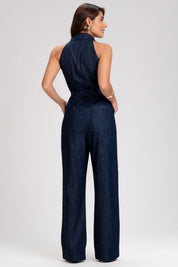 Macacão Jeans Frysaide Azul Wide Leg Com Faixa