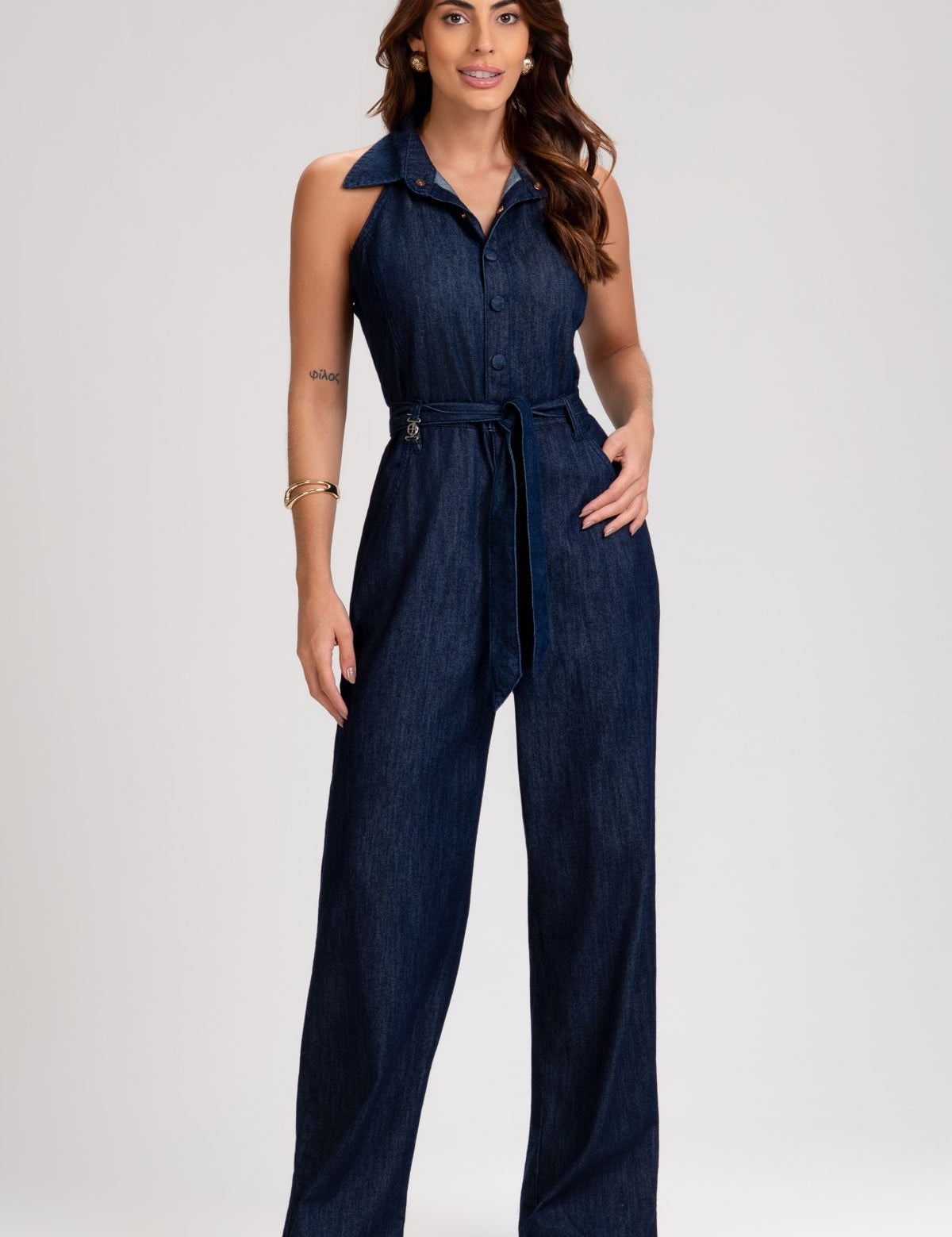 Macacão Jeans Frysaide Azul Wide Leg Com Faixa