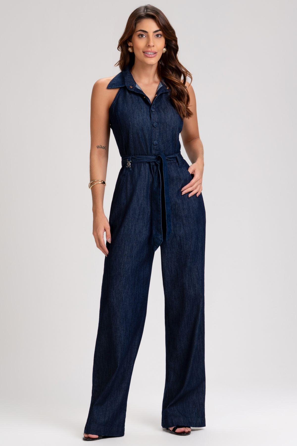 Macacão Jeans Frysaide Azul Wide Leg Com Faixa