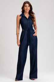 Macacão Jeans Frysaide Azul Wide Leg Com Faixa